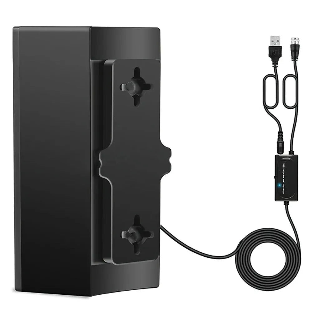 Black plastic digital HD television antenna with mounting screws, tubes, cable ties, and adhesive tape.