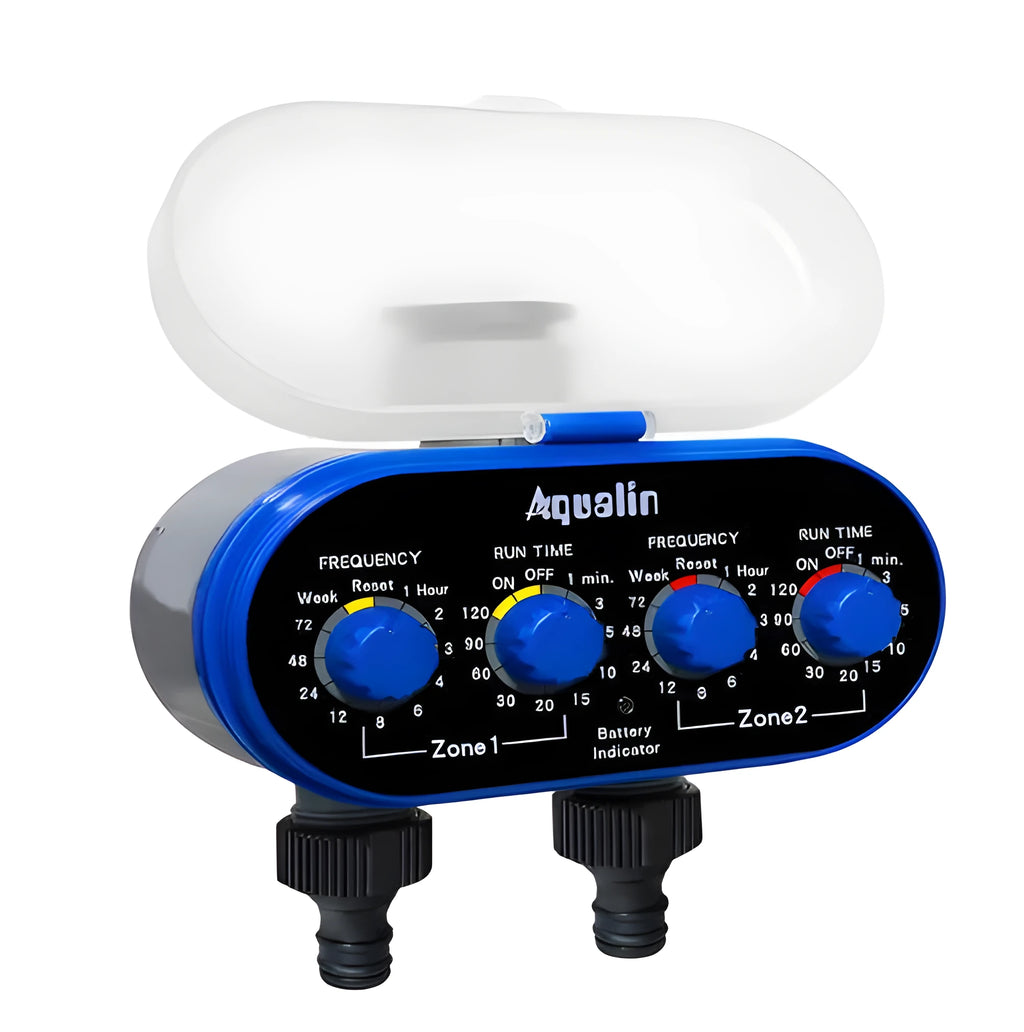 Dual Timed Irrigation Controller automatic garden watering device with battery compartment and hose connections