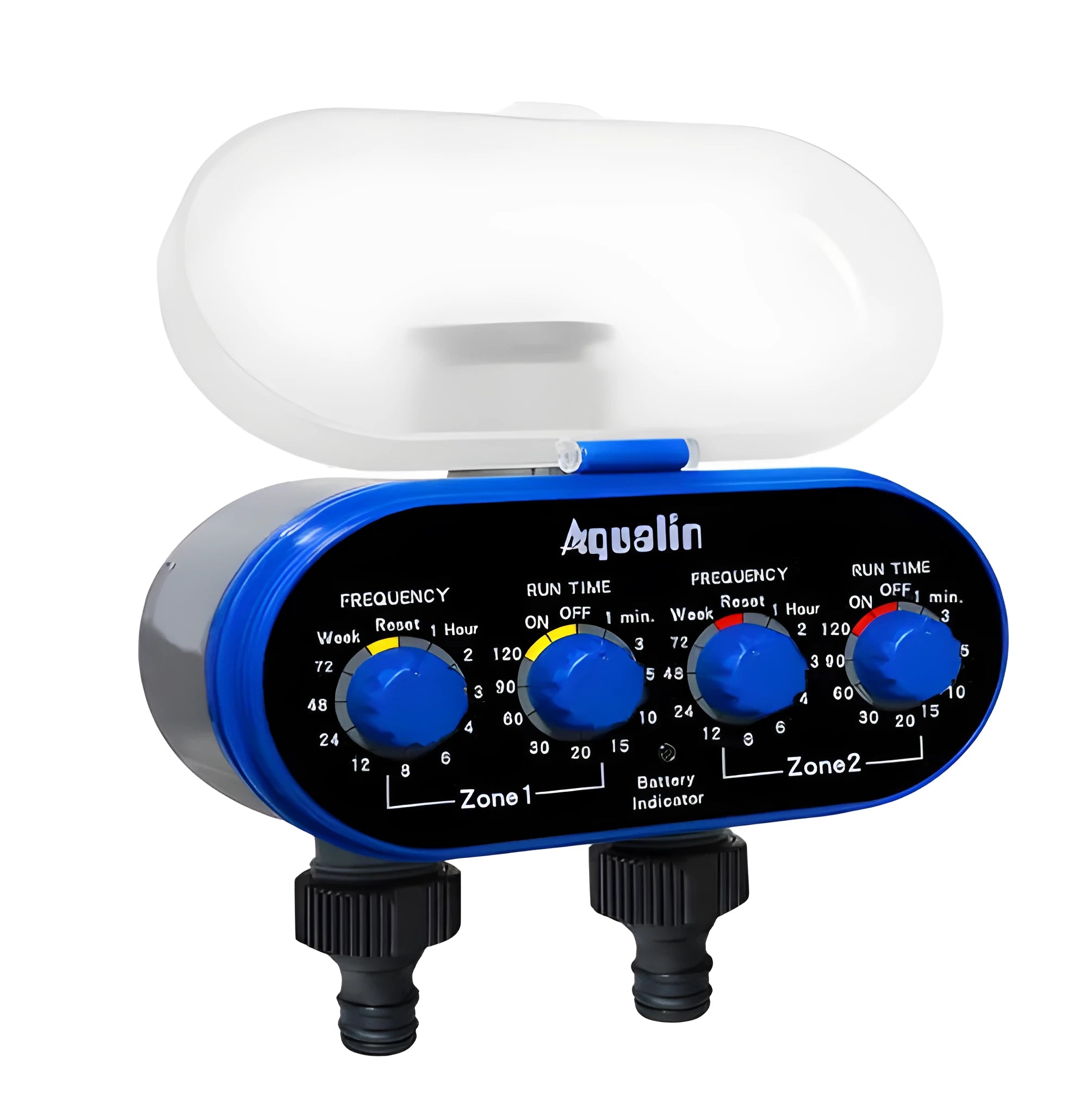 Dual Timed Irrigation Controller automatic garden watering device with battery compartment and hose connections