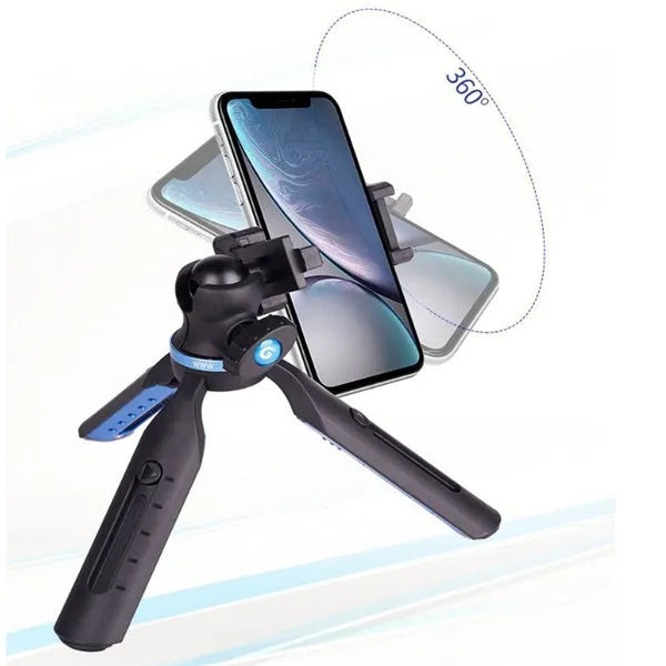 Black desktop mobile phone tripod for Apple iPhone and Huawei P30 models.