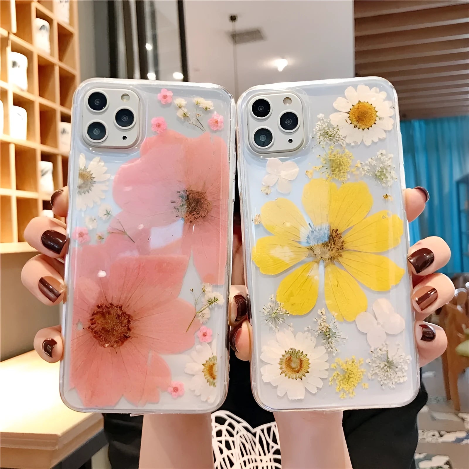 Flexible pink and yellow floral print TPU back cover case for iPhone.
