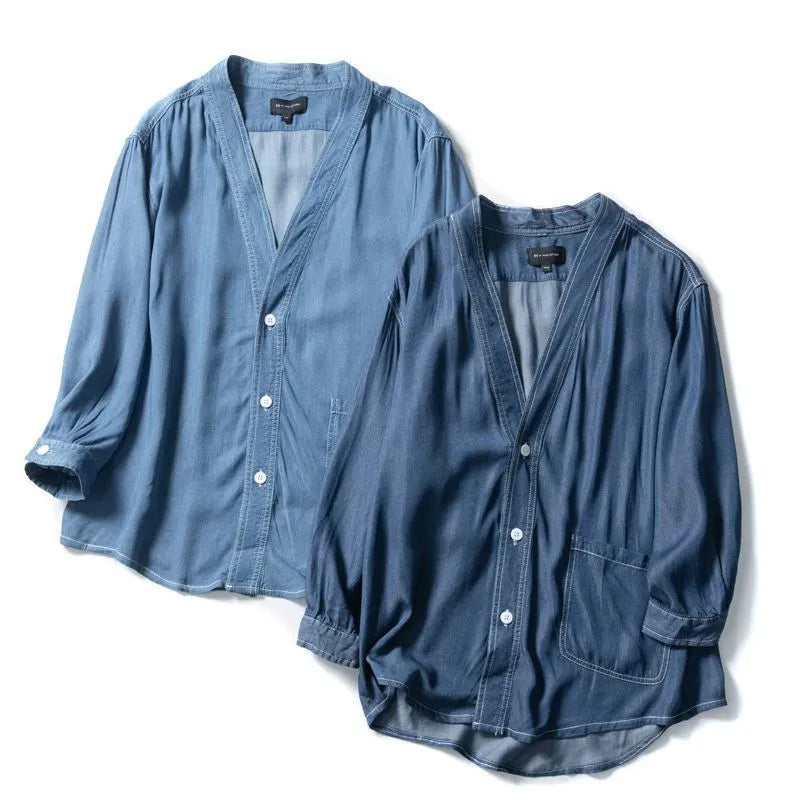 Men's dark blue denim coat with three-quarter sleeves and v-neck collar