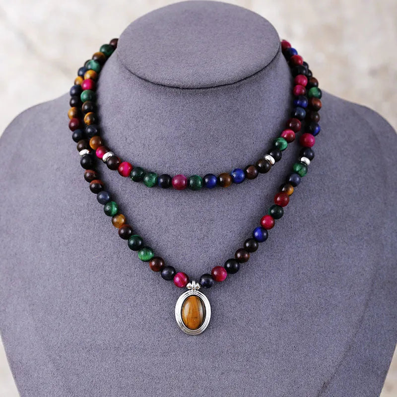 Natural stone meditation necklace and bracelet set with colour tiger-eye gemstone pendants featuring wings, crown, infinity and heart designs