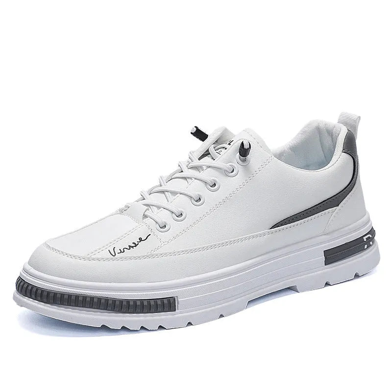 Men's black and white Korean-style low-top platform sneakers with elastic band closure and round toe.