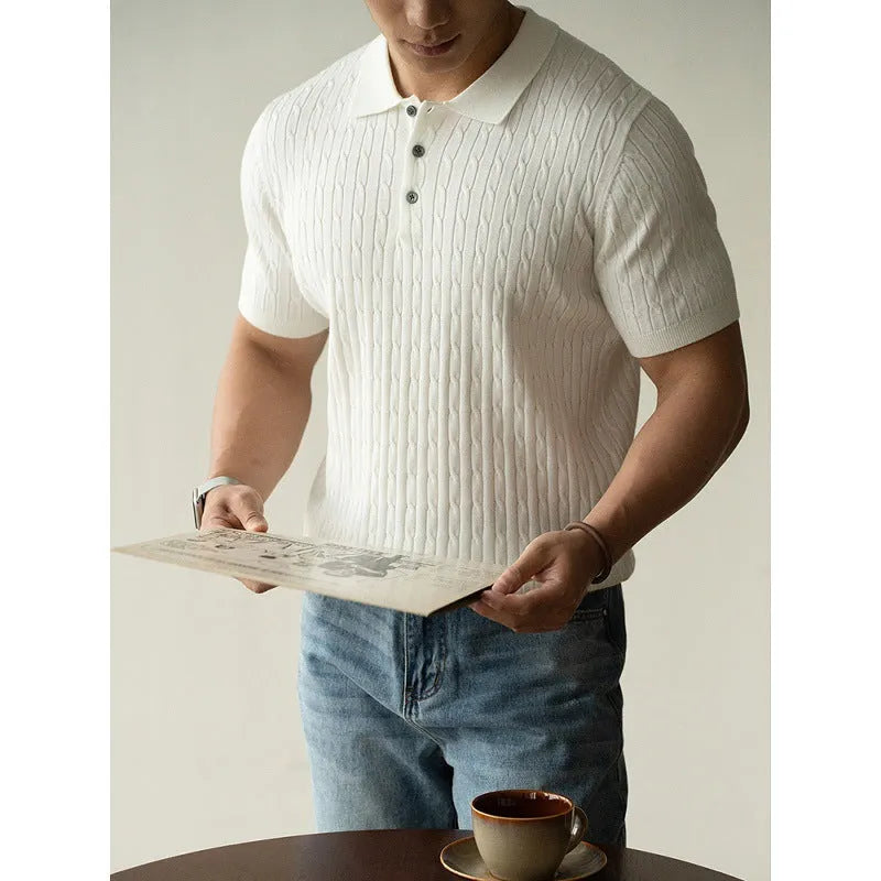Men's short sleeve business commute top in khaki, black, or white colours with Asian sizing options