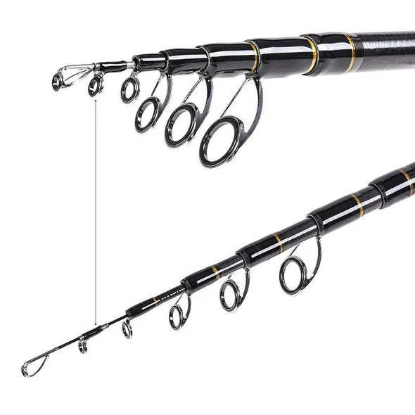 Flame carbon telescopic sea rod in collapsed and extended lengths, with carbon and aluminium alloy construction for shore and boat fishing.