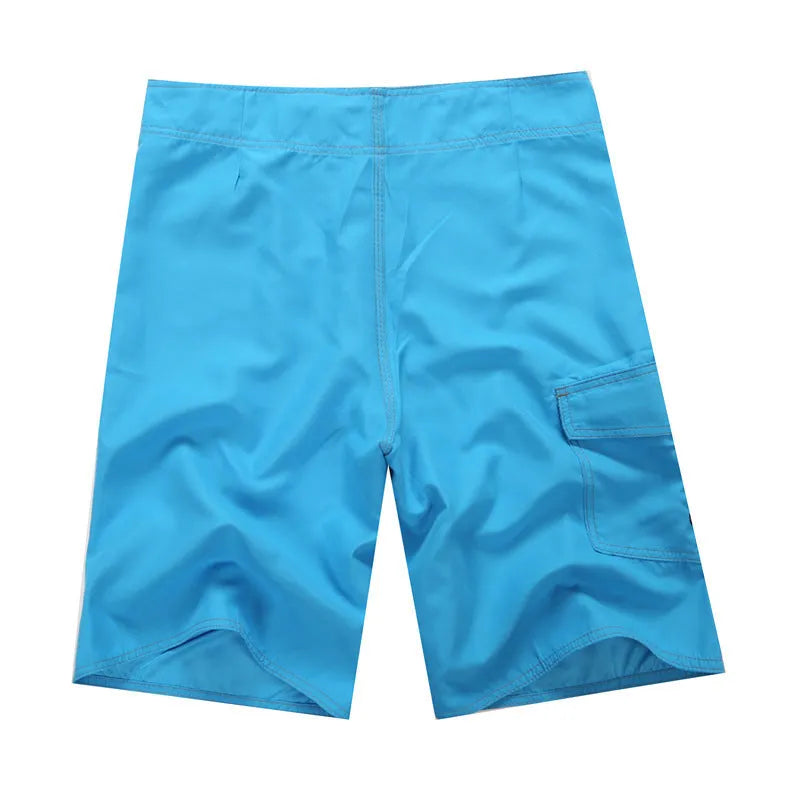 Men's striped beach shorts in black, blue, or white, 100% polyester chemical fibre blend, sizes 30-38