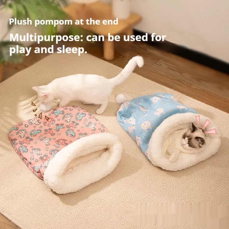 Blue rabbit design flannel cat sleeping bag nest bed measuring 50 by 40 centimetres.