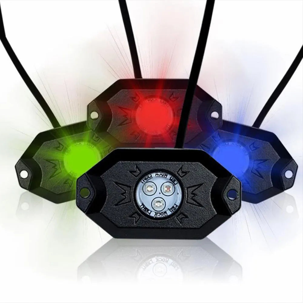 Eight-piece undercarriage LED atmosphere light set with RGB colours, die-cast aluminium housing, and CREE lamp beads for off-road vehicles