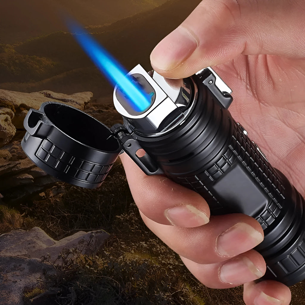 TH727 metal waterproof multifunction flashlight lighter shown in camouflage colour.