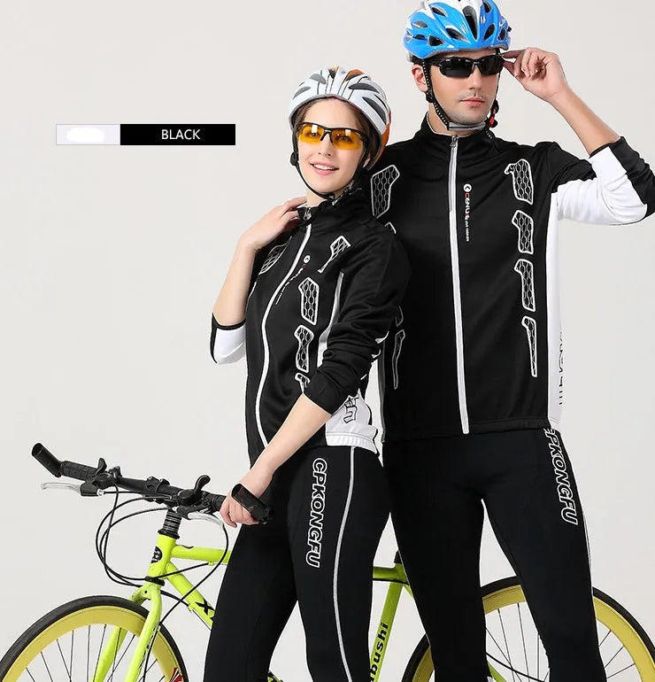 Long-sleeved polyester cycling suit for men and women in black or yellow, with jersey and trousers, sizes M to XXL