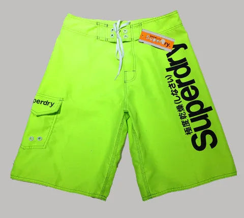 Men's striped beach shorts in black, blue, or white, 100% polyester chemical fibre blend, sizes 30-38