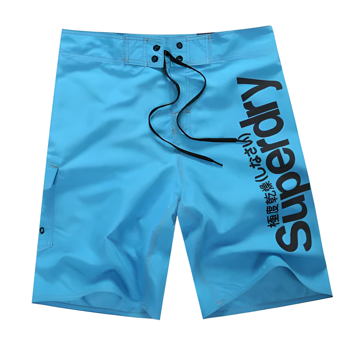 Men's striped beach shorts in black, blue, or white, 100% polyester chemical fibre blend, sizes 30-38