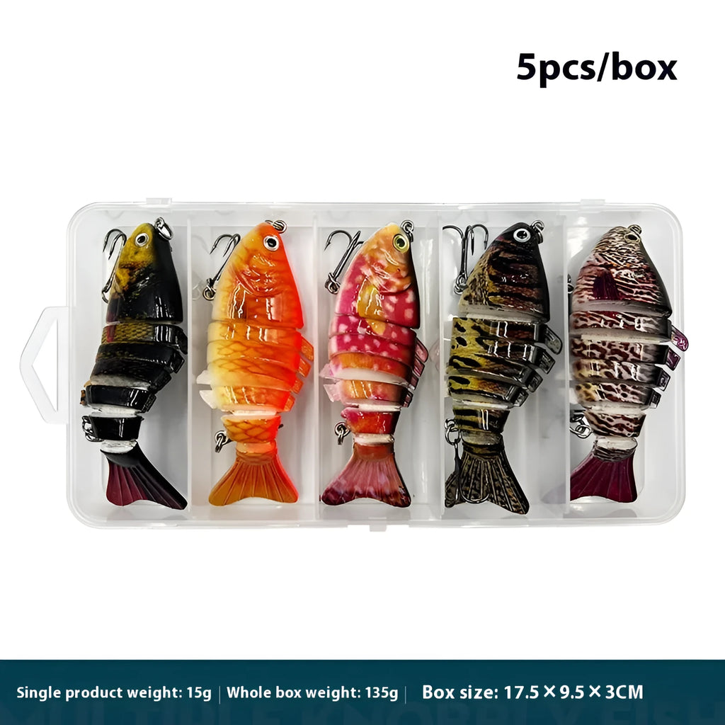 Multi-section tossing submerged simulation fishing bait set 5 pieces in box metal plastic construction