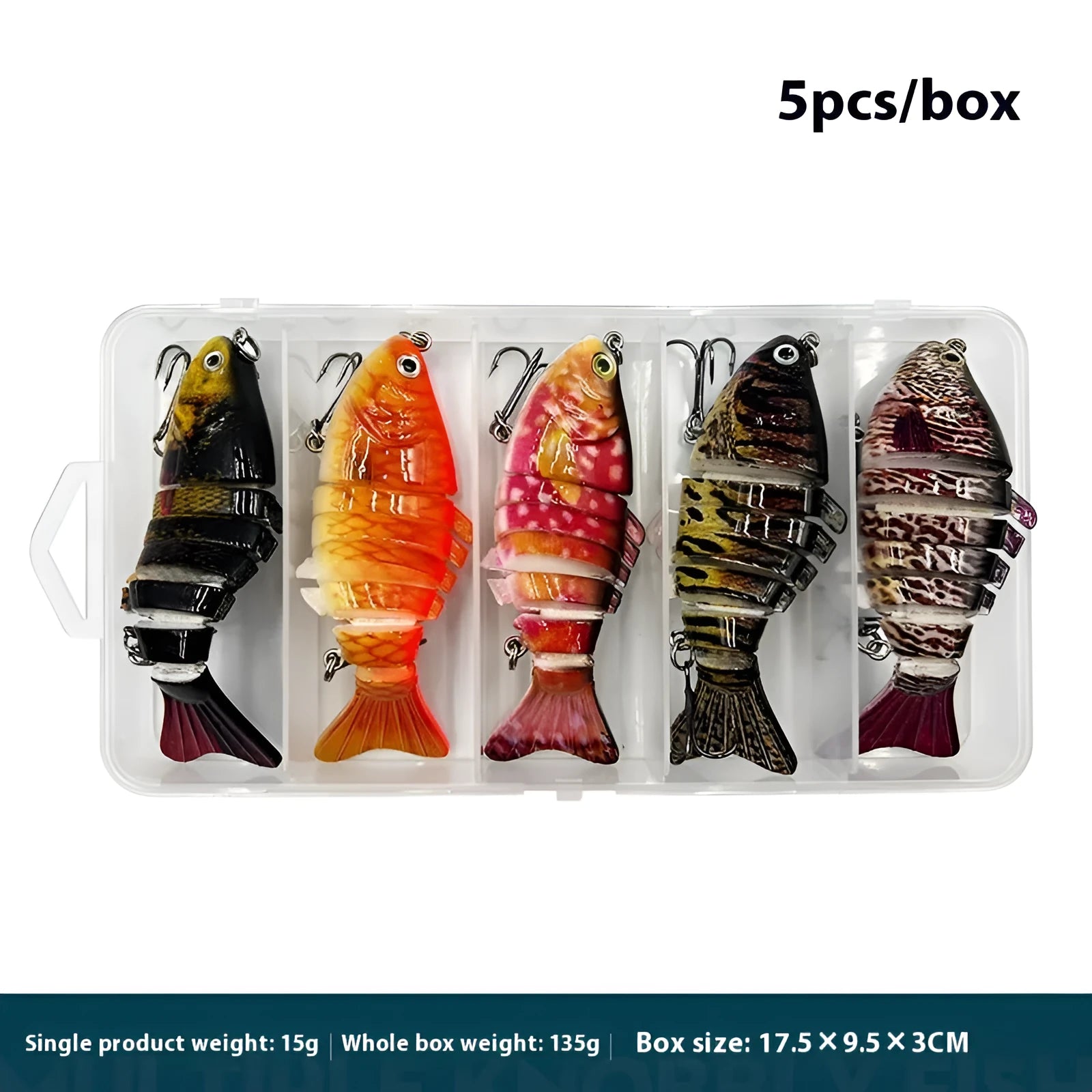 Multi-section tossing submerged simulation fishing bait set 5 pieces in box metal plastic construction
