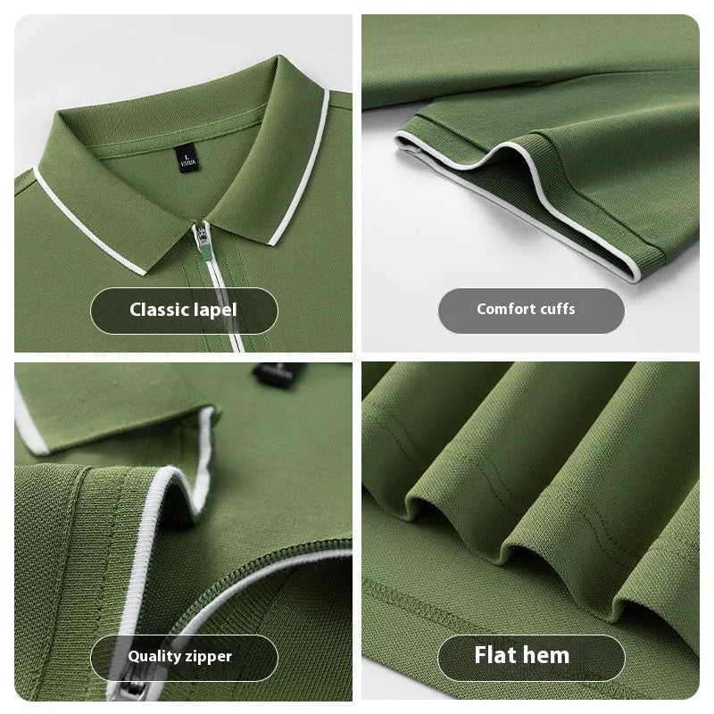 Men's solid colour zip-front polo shirt in long-staple cotton fabric on hanger