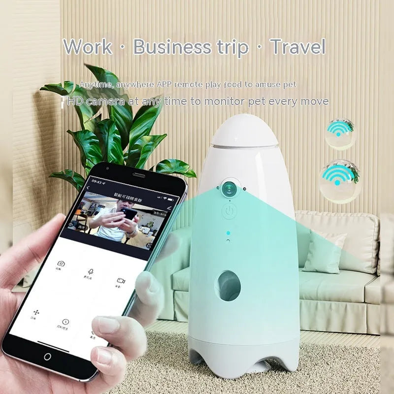 Smart pet feeder in white with built-in camera and APP remote control for dogs and cats, size 270mm by 120mm