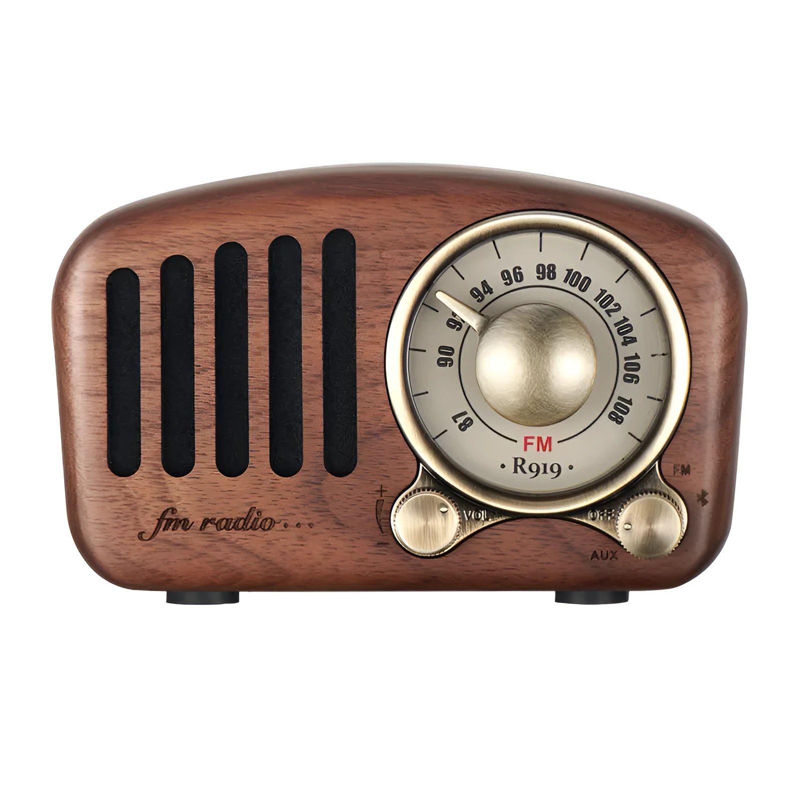 Retro wooden wireless mini speaker in cherry wood finish showing compact size.