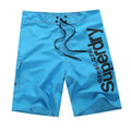 Men's striped beach shorts in black, blue, or white, 100% polyester chemical fibre blend, sizes 30-38