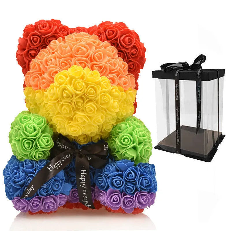 40cm handmade preserved flower bear with rainbow bow tie, seated, made of polyethylene foam