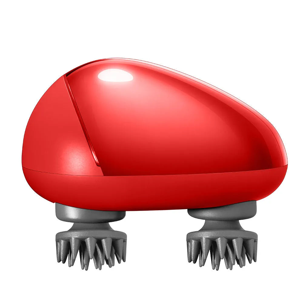 Red handheld electric scalp massager with soft silicone bristles showing 110mm x 120mm x 82mm dimensions