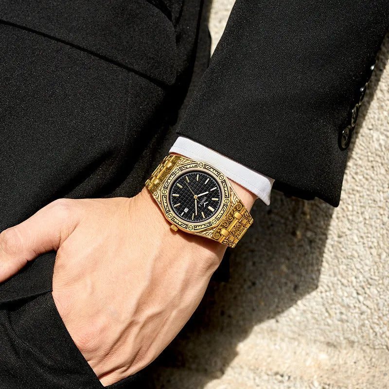 ONOLA vintage carved men's watch with golden alloy case, alloy steel band, 41.5mm dial, and butterfly buckle