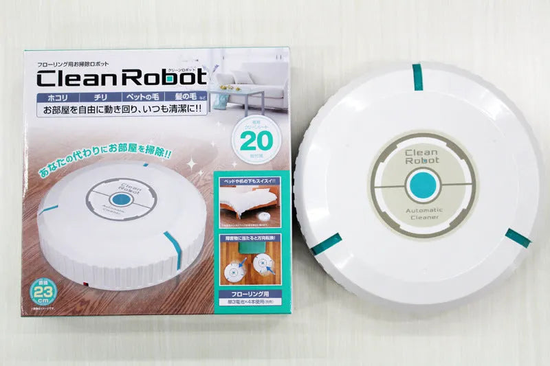 Black and white automatic robot vacuum cleaner on a wooden floor.