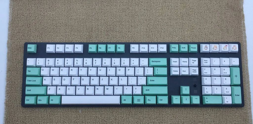 Set of PBT sublimation keycaps showing Japanese, Russian, and Korean language characters for mechanical keyboards.