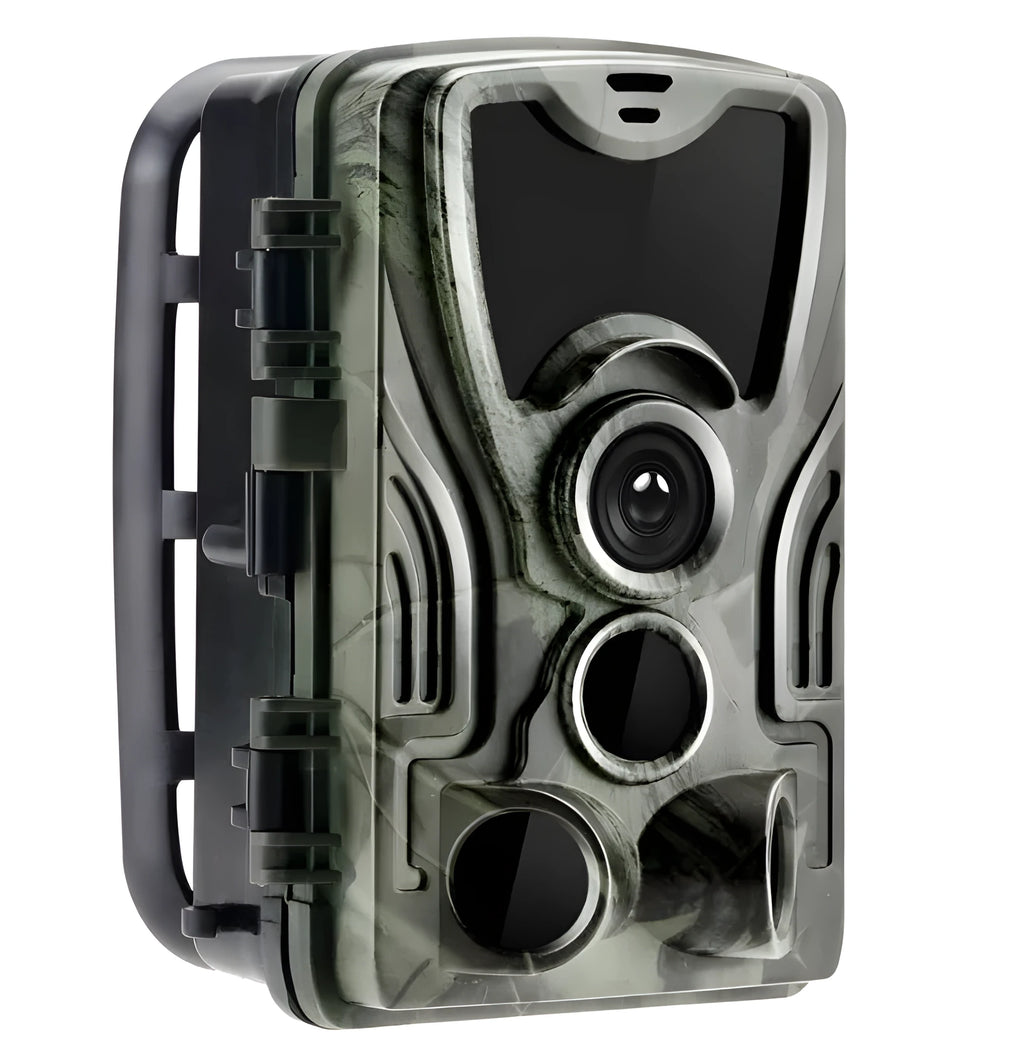 Green cellular trail hunting camera with belt mount showing 16MP sensor and IP65 waterproof rating