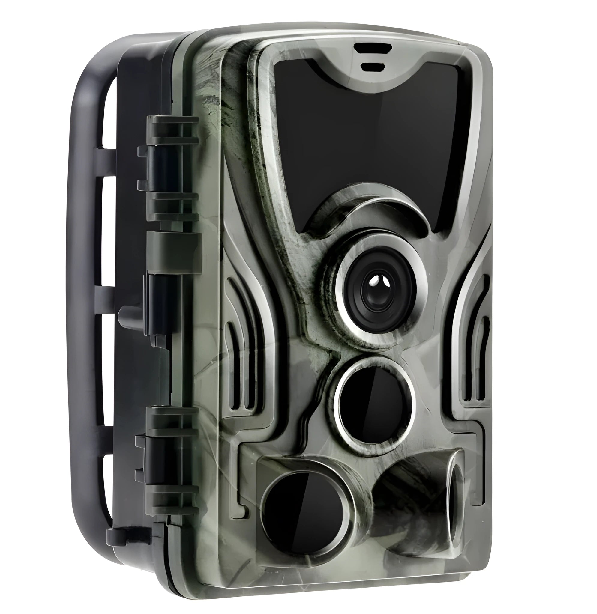 Green cellular trail hunting camera with belt mount showing 16MP sensor and IP65 waterproof rating