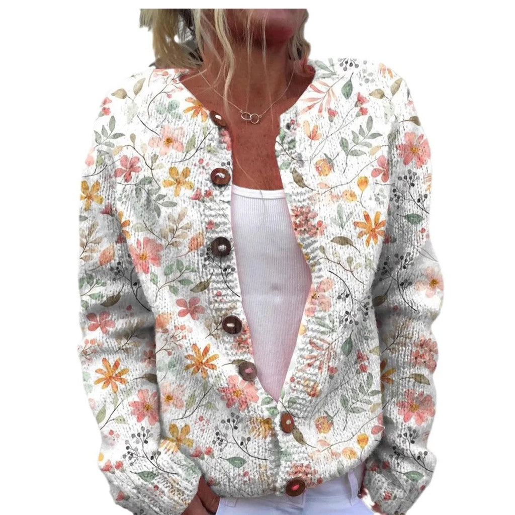 Women's loose fit cardigan coat with a 3D digital printed pattern in a fresh and sweet style.