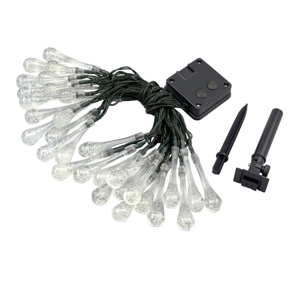 Solar LED string lights with bubble drop pendants for outdoor garden decoration
