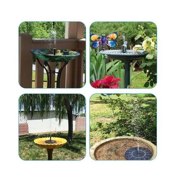 Black solar-powered garden water fountain pump with four different spray nozzle attachments