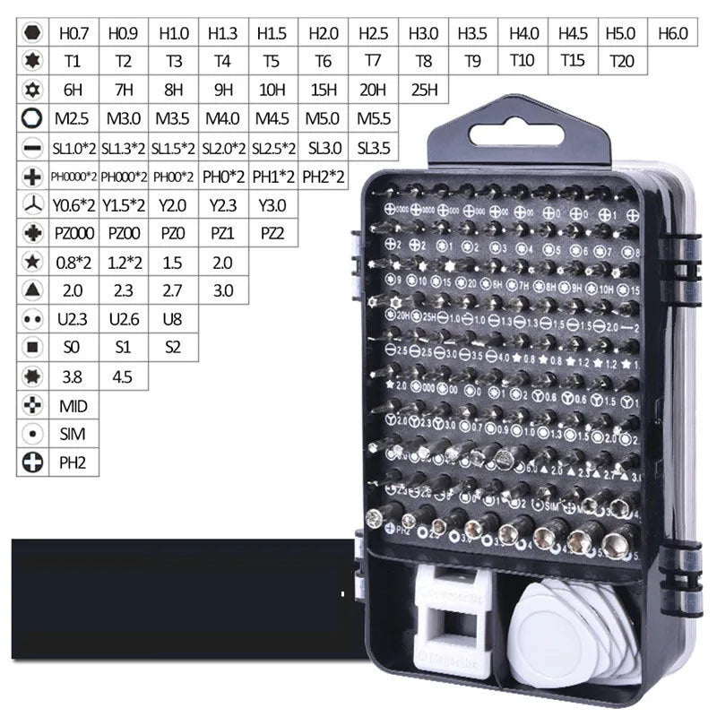 122 in 1 professional multi screwdriver repair kit with 98 CR-V bits in a black storage case