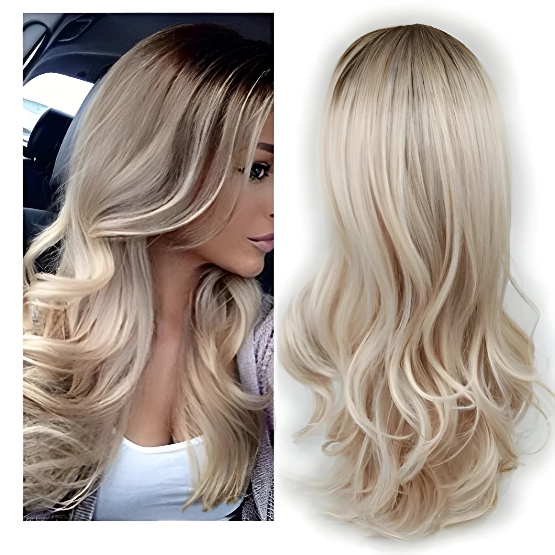 White dyed long curly wig with bangs on mannequin head showing partial highlights and 68cm length