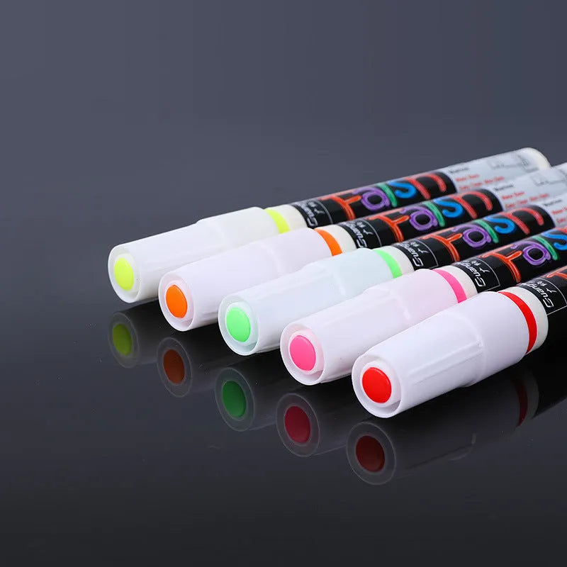 Electronic fluorescent board highlighter pen with plastic shell and oblique tip, shown in 8 colour refill set.