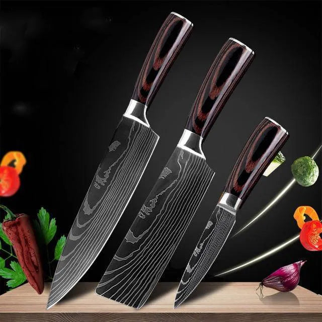7Cr17 stainless steel kitchen knife with laser Damascus pattern on blade and colour steel handle.