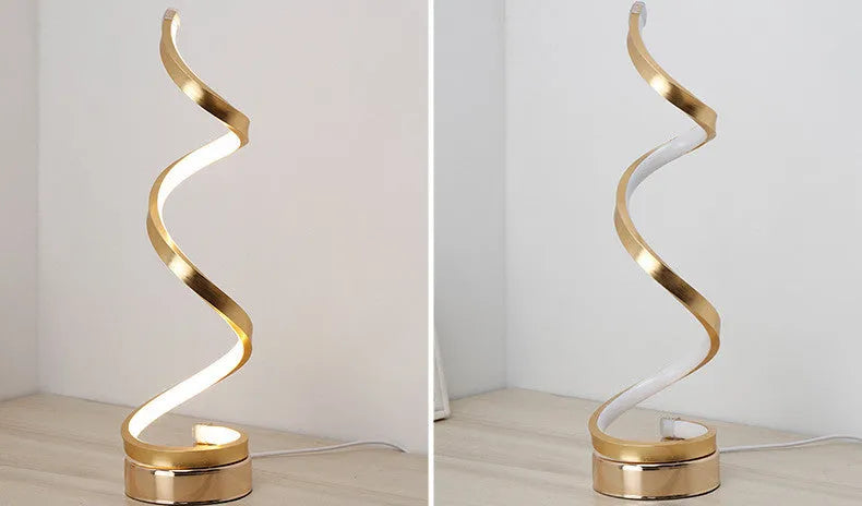 Gold 24W LED table lamp with curved metal base and acrylic shade, remote control, 125mm x 450mm