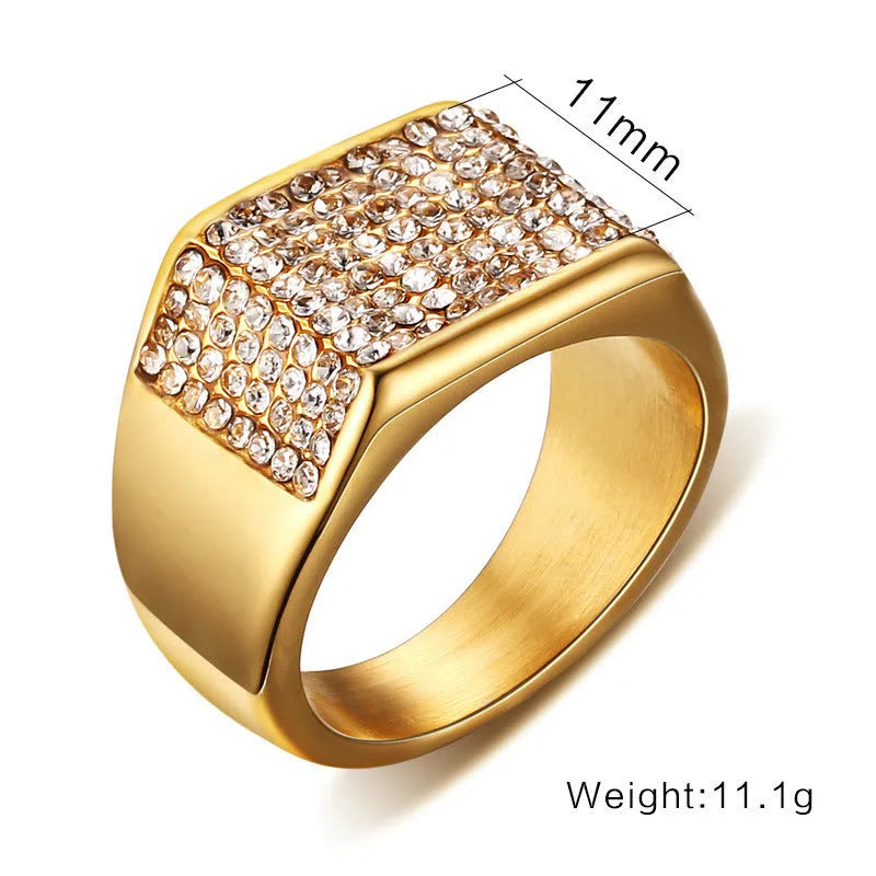 Gold titanium steel men's ring with geometric diamond-treated surface, available in sizes 7 to 12.