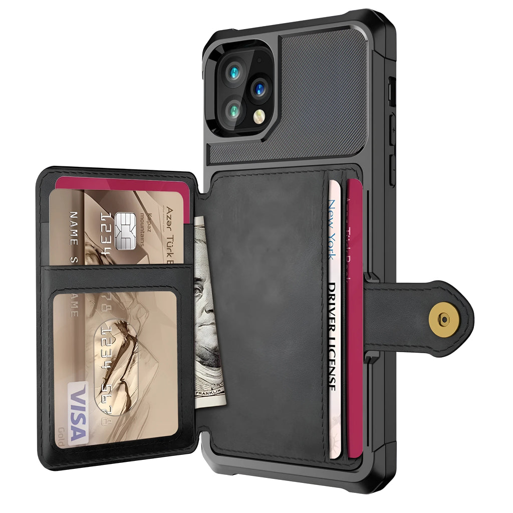 Imitation leather card wallet phone case for iPhone in solid colours showing integrated card slot on back.