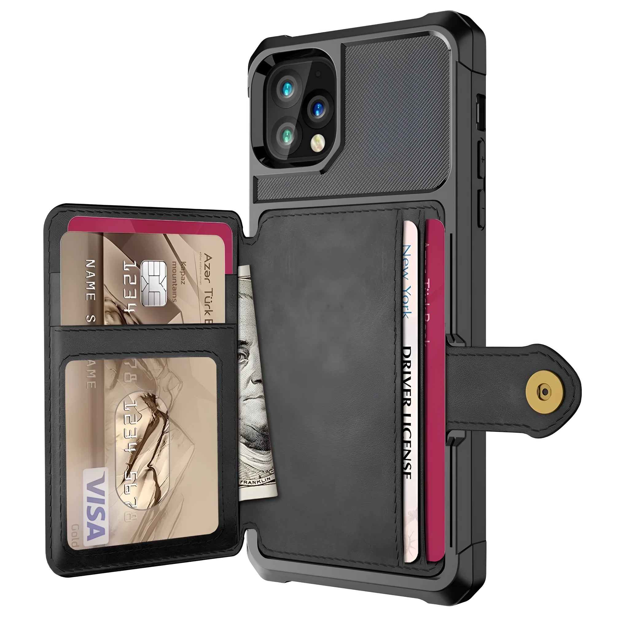 Imitation leather card wallet phone case for iPhone in solid colours showing integrated card slot on back.