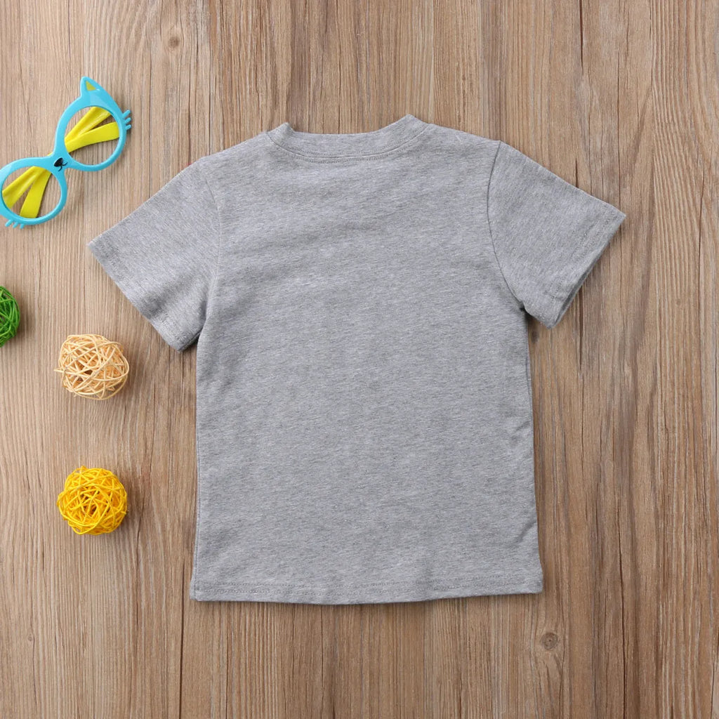 Grey children's cotton t-shirt with sibling print, shown in Asian children's sizes.