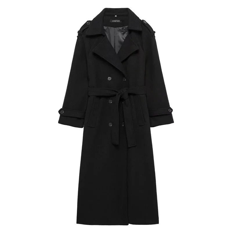 Women's double-breasted long wool coat regular fit with pockets in beige