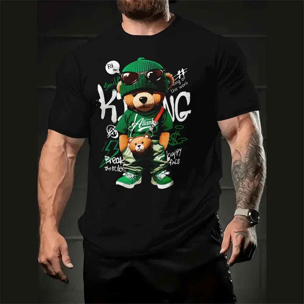 Men's loose fit T-shirt with 3D cartoon graphic print in linen-milk silk blend fabric for summer wear
