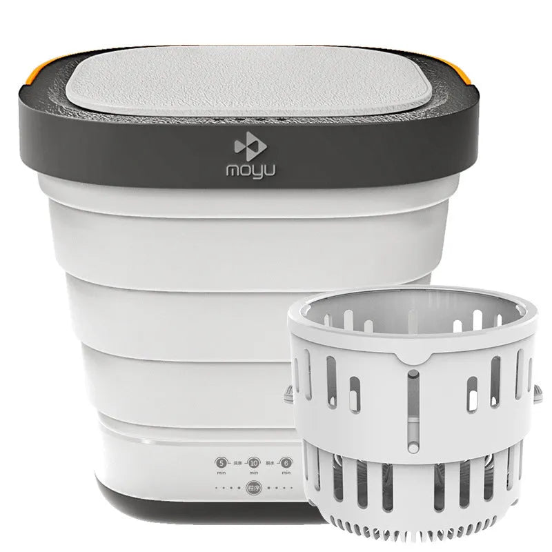 Portable folding bucket washing machine in white with silicone collapsible section and ABS lid