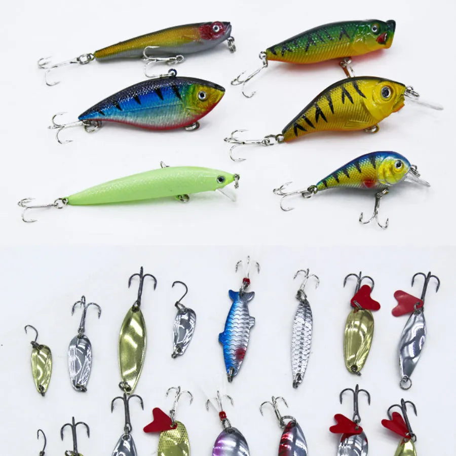 Rose red 132-piece plastic and high-carbon steel fishing lure set in a compact case.