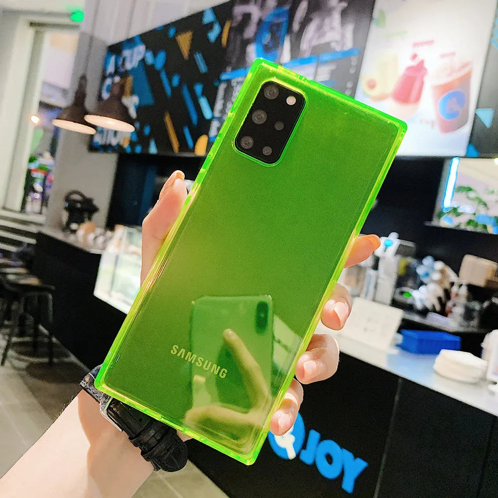Square transparent TPU phone case for Samsung, silicone back cover in black, green, orange, pink, purple, red