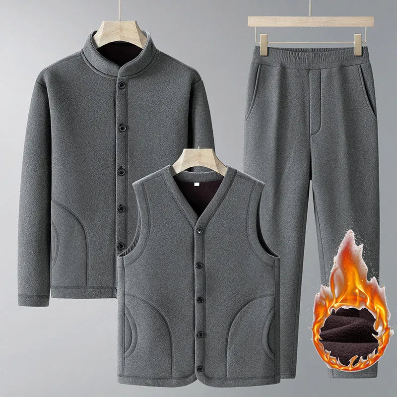 Men's large size dark gray velvet sport suit with long-sleeve coat and trousers, polyester fabric with wool lining