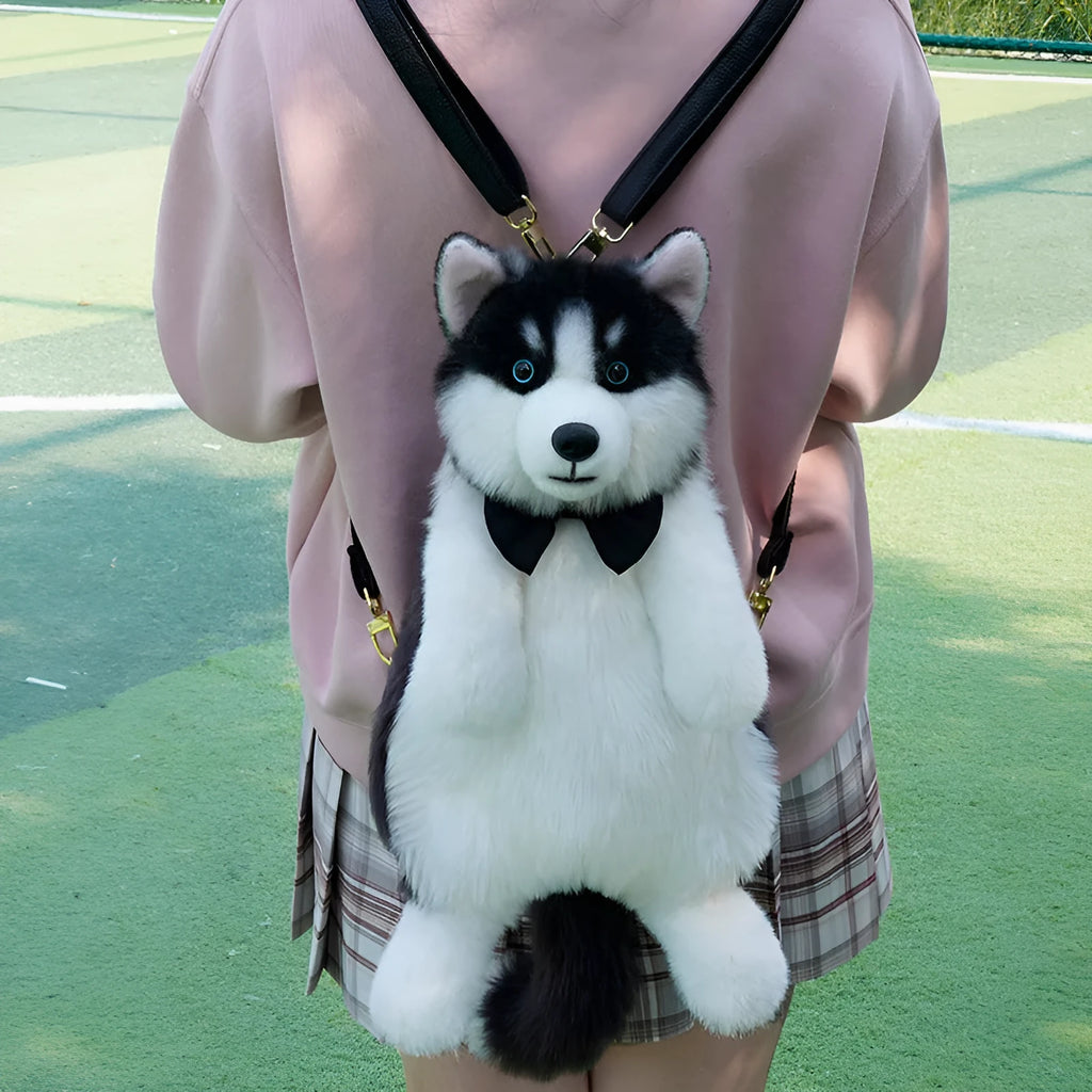 Husky plush simulation bag toy with blue plaid scarf in gift box packaging