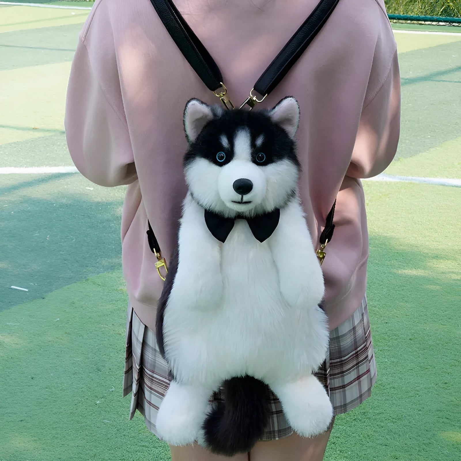Husky plush simulation bag toy with blue plaid scarf in gift box packaging